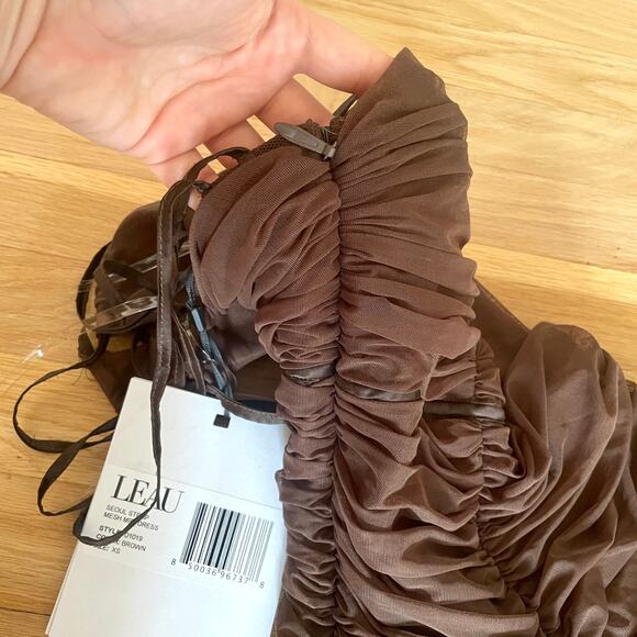 NWT LEAU Seoul Strap Cut-out Mesh Bodycon Dress Strappy Ruched Brown Sz XS Sexy - Picture 11 of 12